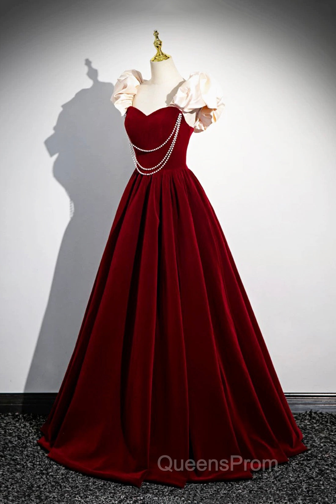 A-Line Velvet Floor Length Evening Prom Dress, Burgundy Off the Shoulder Evening Party Dress