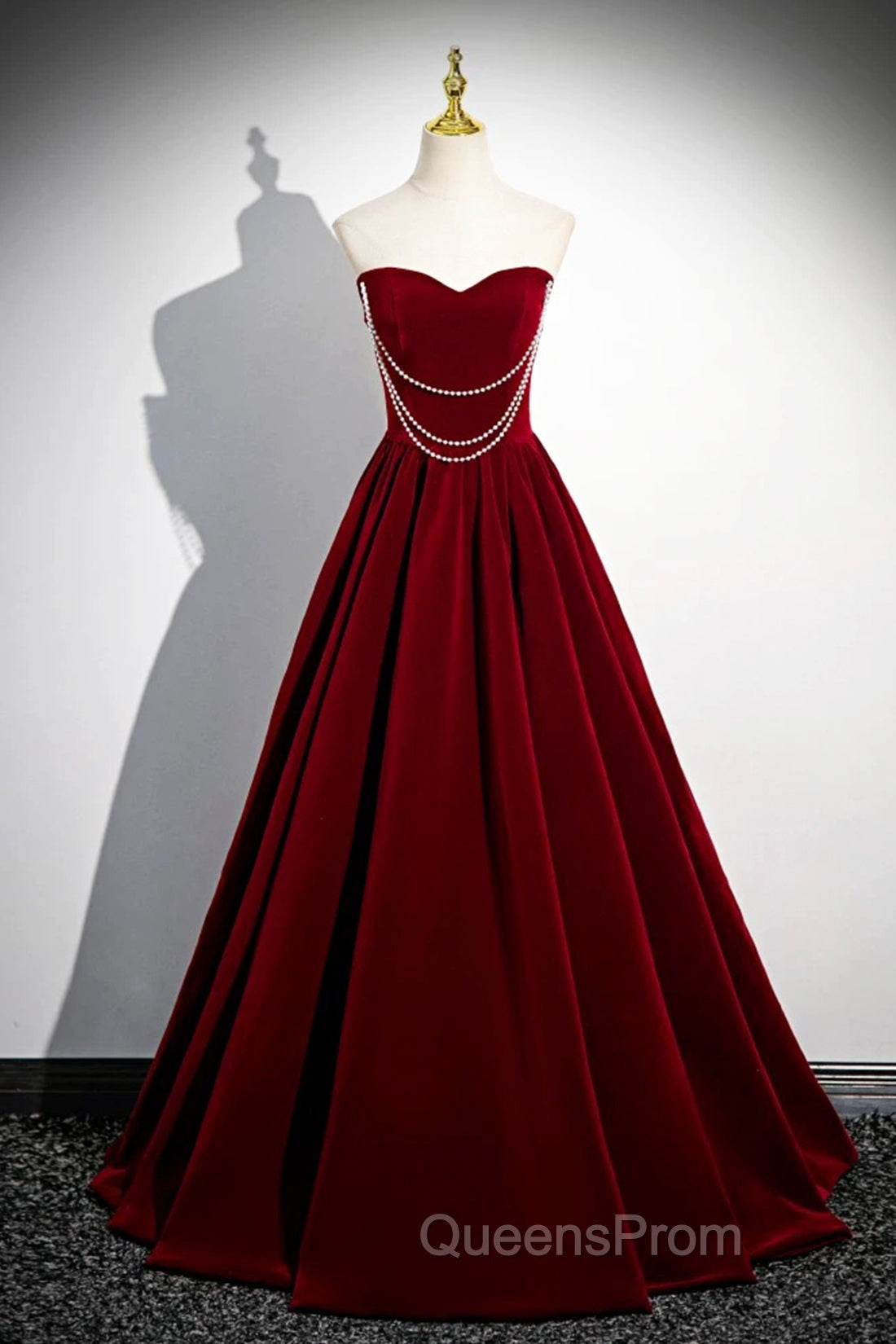 A-Line Velvet Floor Length Evening Prom Dress, Burgundy Off the Shoulder Evening Party Dress