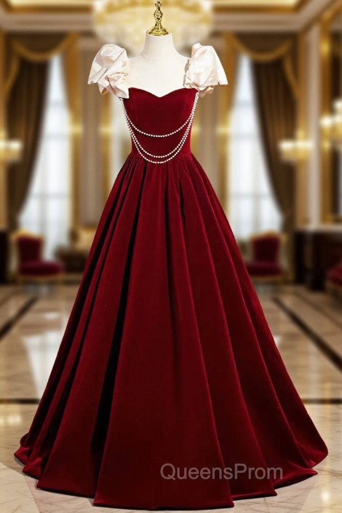 A-Line Velvet Floor Length Evening Prom Dress, Burgundy Off the Shoulder Evening Party Dress Main image