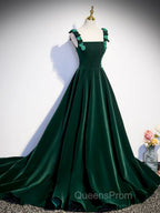 A-Line Velvet Green Long Evening Prom Dress, Green Evening Dress