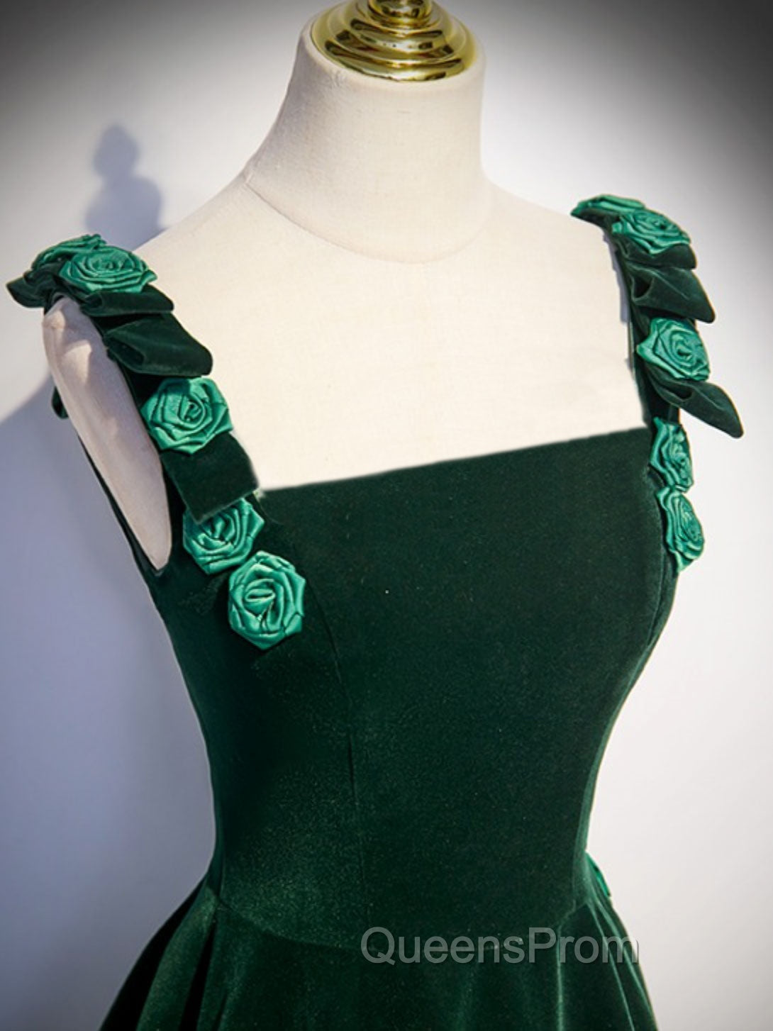 A-Line Velvet Green Long Evening Prom Dress, Green Evening Dress