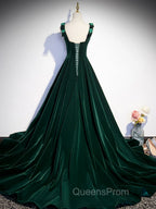 A-Line Velvet Green Long Evening Prom Dress, Green Evening Dress