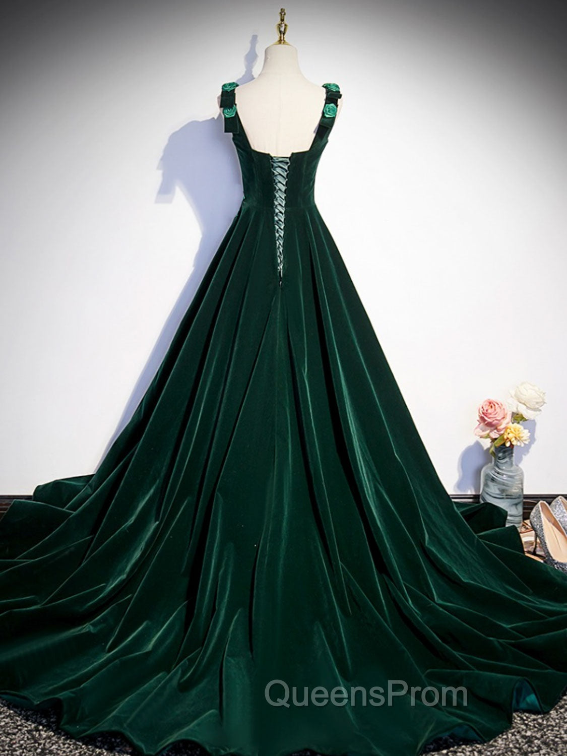A-Line Velvet Green Long Evening Prom Dress, Green Evening Dress