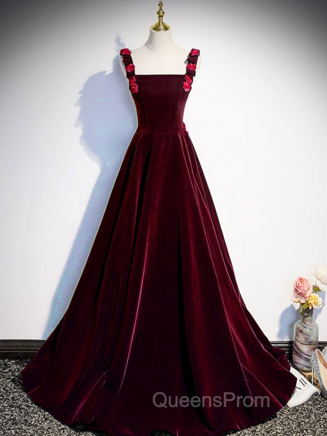 A-Line Velvet Green Long Evening Prom Dress, Green Evening Dress