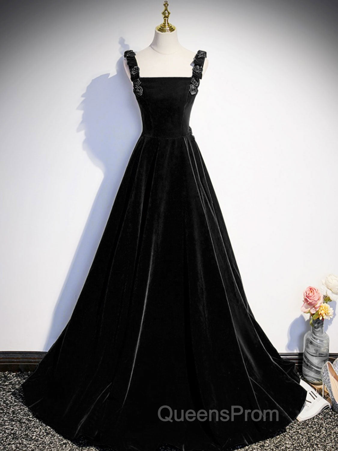 A-Line Velvet Green Long Evening Prom Dress, Green Evening Dress