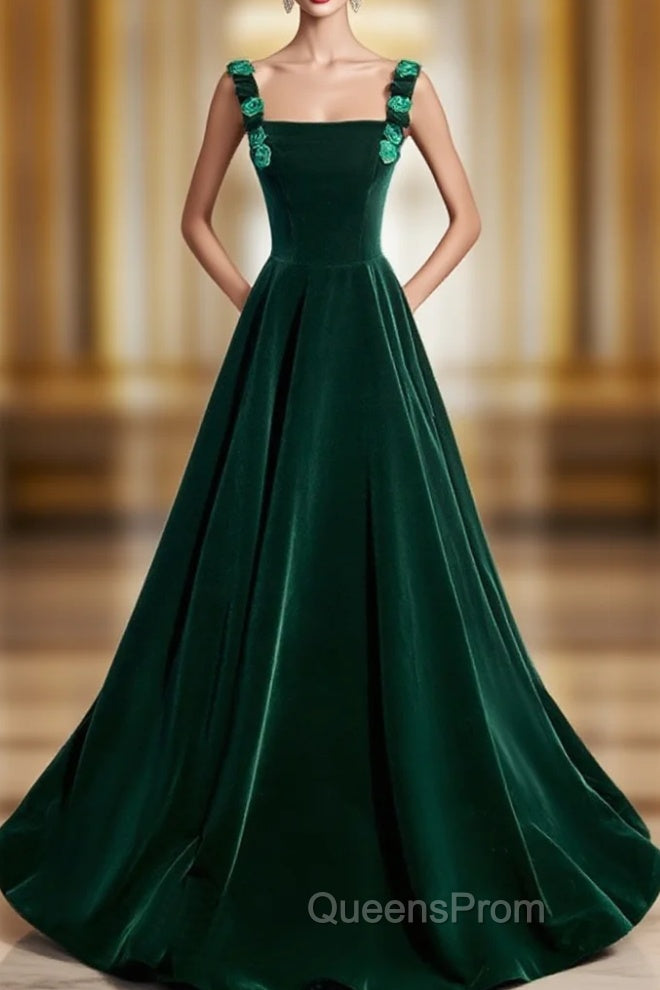 A-Line Velvet Green Long Evening Prom Dress, Green Evening Dress
