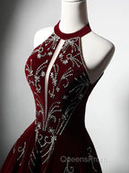 A-Line Velvet Sequin Beads Burgundy Long Evening Prom Dress, Burgundy Long Evening Dress