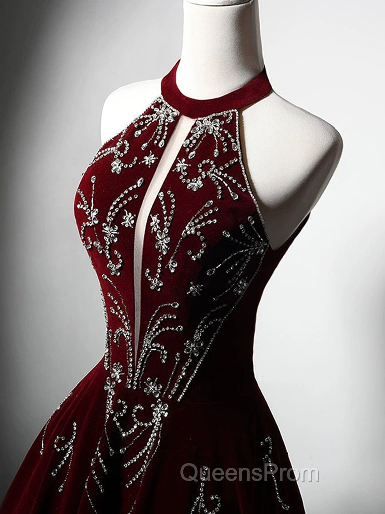 A-Line Velvet Sequin Beads Burgundy Long Evening Prom Dress, Burgundy Long Evening Dress