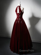 A-Line Velvet Sequin Beads Burgundy Long Evening Prom Dress, Burgundy Long Evening Dress