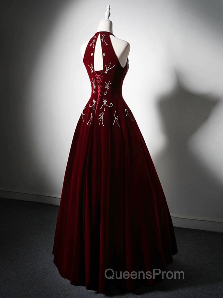 A-Line Velvet Sequin Beads Burgundy Long Evening Prom Dress, Burgundy Long Evening Dress