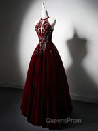 A-Line Velvet Sequin Beads Burgundy Long Evening Prom Dress, Burgundy Long Evening Dress