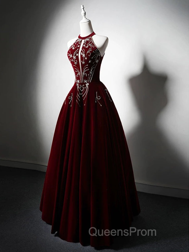 A-Line Velvet Sequin Beads Burgundy Long Evening Prom Dress, Burgundy Long Evening Dress
