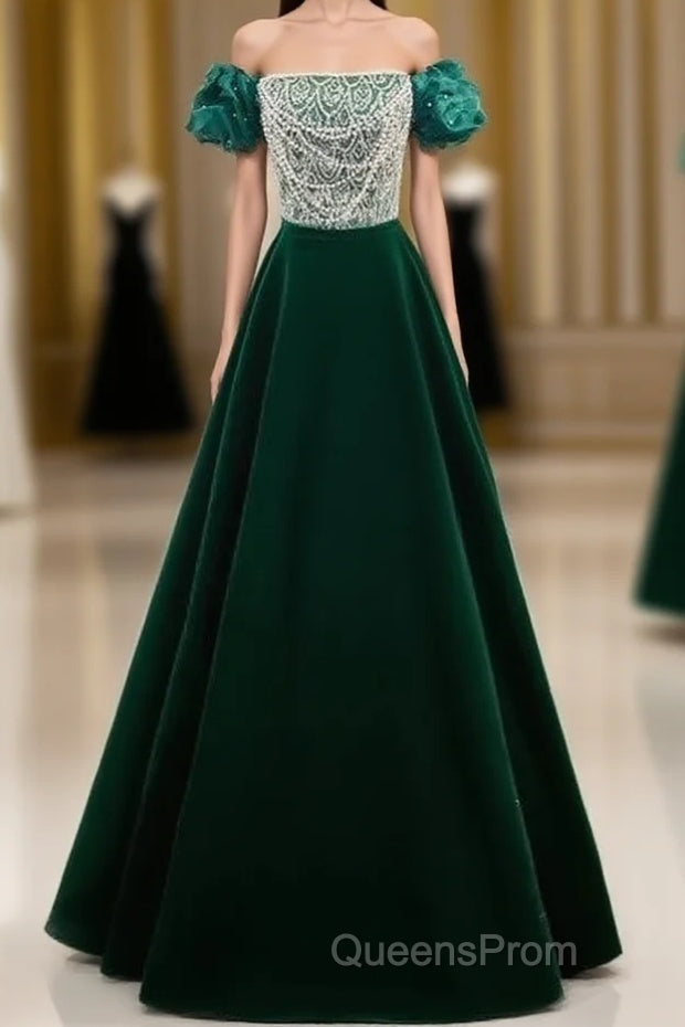 A-Line Velvet Sequin Beads Green Long Evening Prom Dress Evening Dress Elegant Main image