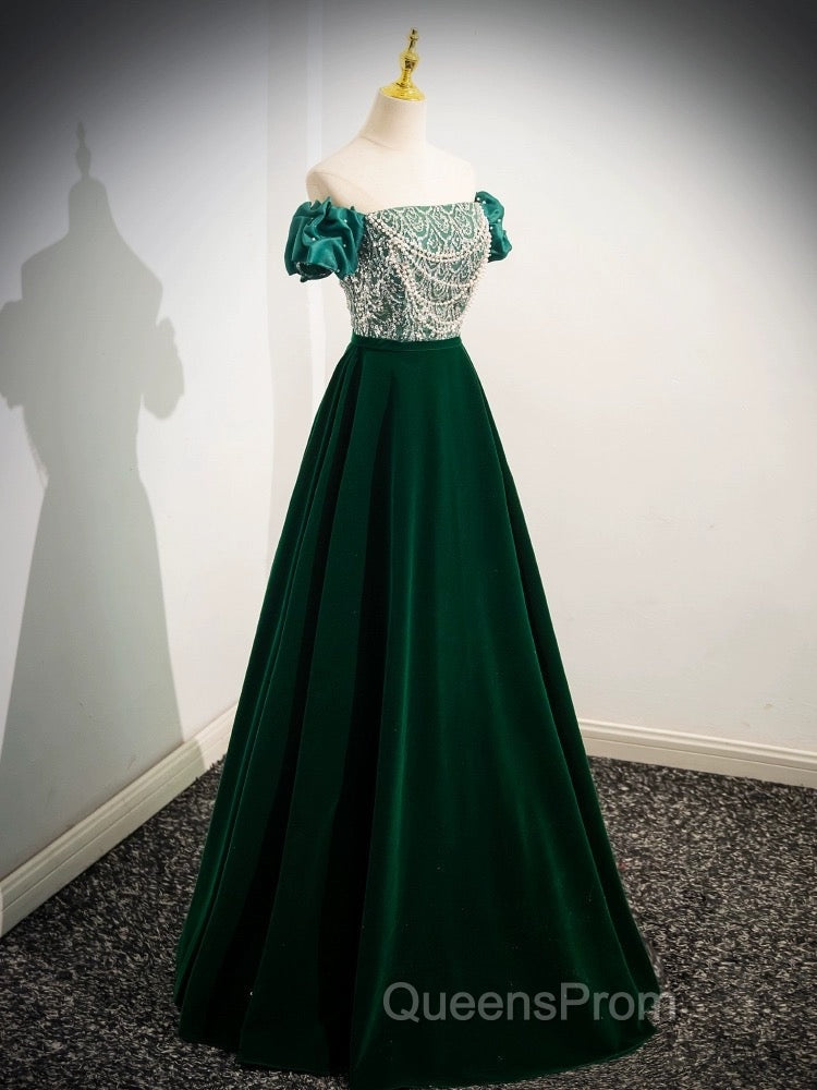 A-Line Velvet Sequin Beads Green Long Evening Prom Dress, Green Velvet Long Evening Dress