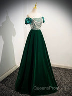 A-Line Velvet Sequin Beads Green Long Evening Prom Dress, Velvet Green Long Evening Dress