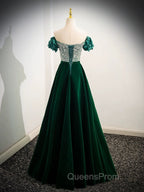 A-Line Velvet Sequin Beads Green Long Evening Prom Dress, Velvet Green Long Evening Dress