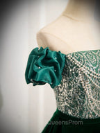 A-Line Velvet Sequin Beads Green Long Evening Prom Dress, Velvet Green Long Evening Dress
