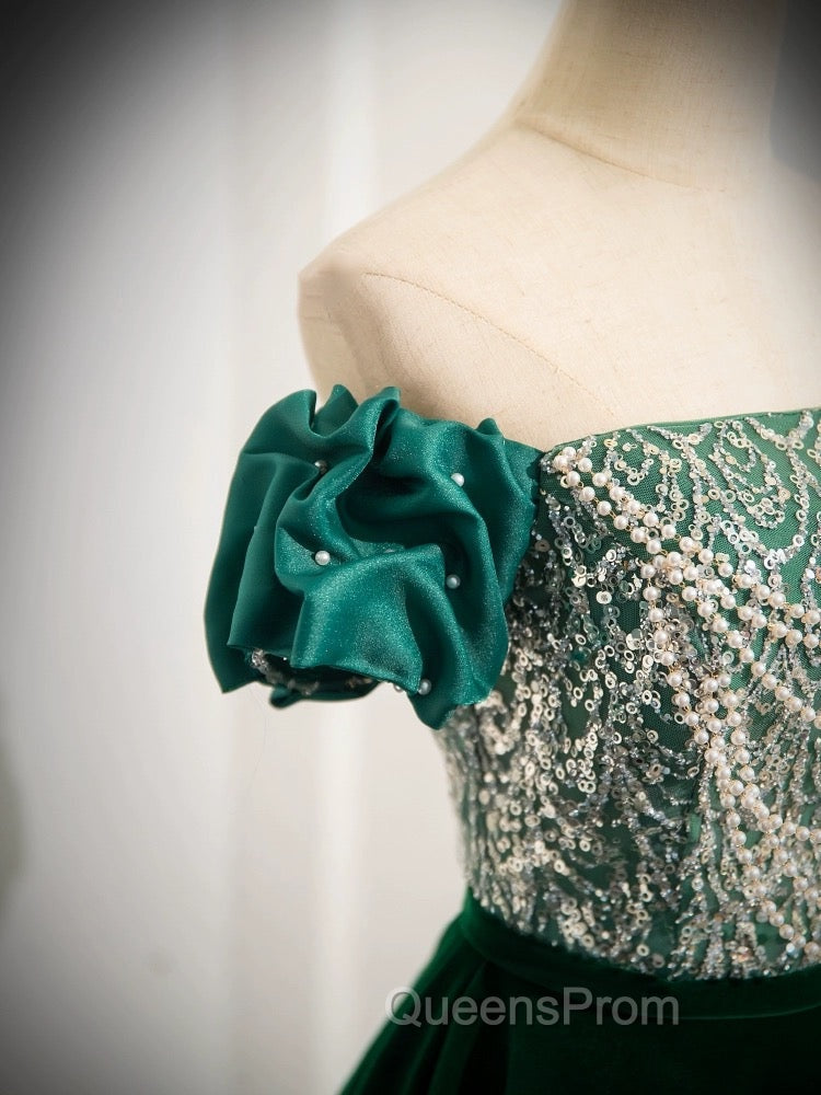 A-Line Velvet Sequin Beads Green Long Evening Prom Dress, Velvet Green Long Evening Dress