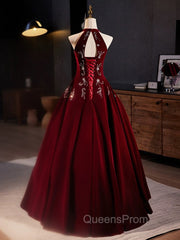A-Line Velvet Sequin Burgundy Long Evening Prom Dress Long Evening Dress December Wedding Guest Dress
