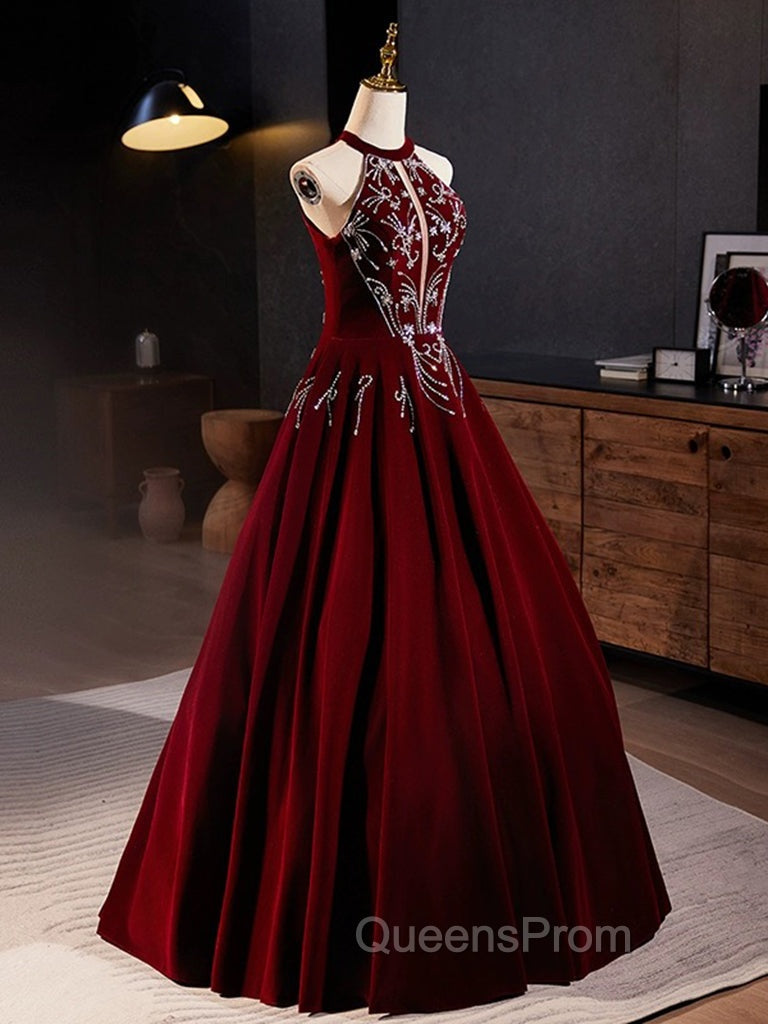 A-Line Velvet Sequin Burgundy Long Evening Prom Dress Long Evening Dress December Wedding Guest Dress