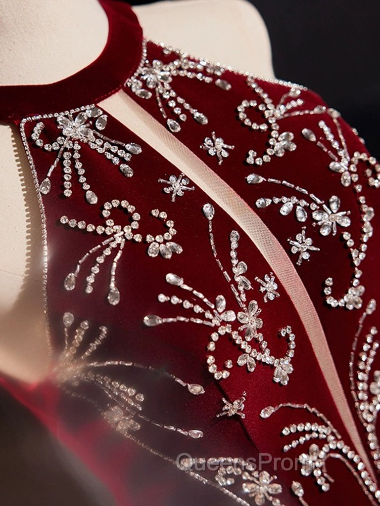 A-Line Velvet Sequin Burgundy Long Evening Prom Dress Long Evening Dress December Wedding Guest Dress