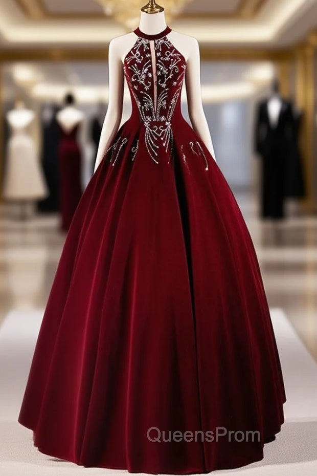 A-Line Velvet Sequin Burgundy Long Evening Prom Dress Long Evening Dress December Wedding Guest Dress Main image