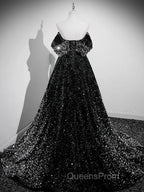 A-Line Velvet Sequin Long Black Evening Prom Dress, Black Long Evening Dress