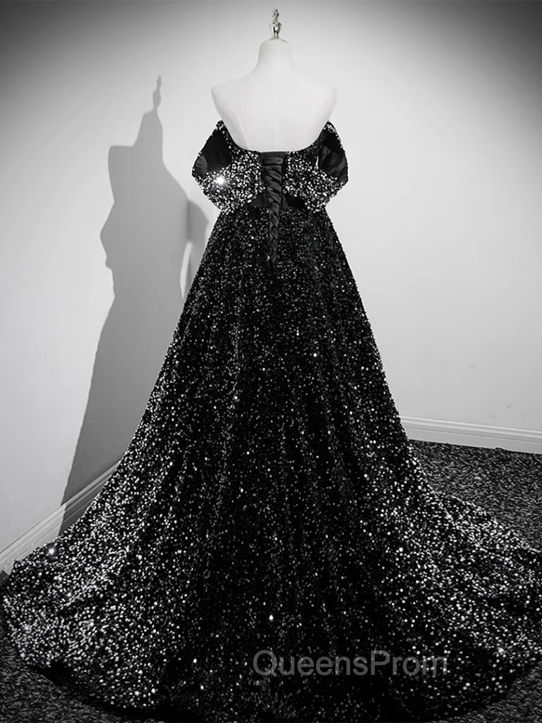 A-Line Velvet Sequin Long Black Evening Prom Dress, Black Long Evening Dress