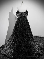 A-Line Velvet Sequin Long Black Prom Dress, Black Long Evening Dress