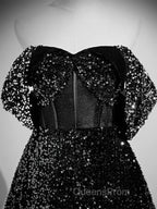 A-Line Velvet Sequin Long Black Evening Prom Dress, Black Long Evening Dress