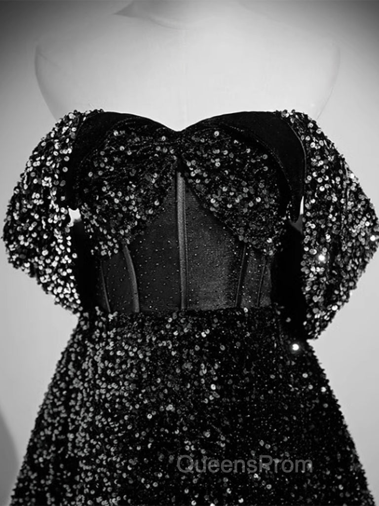 A-Line Velvet Sequin Long Black Evening Prom Dress, Black Long Evening Dress