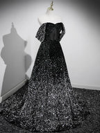 A-Line Velvet Sequin Long Black Evening Prom Dress, Black Long Evening Dress