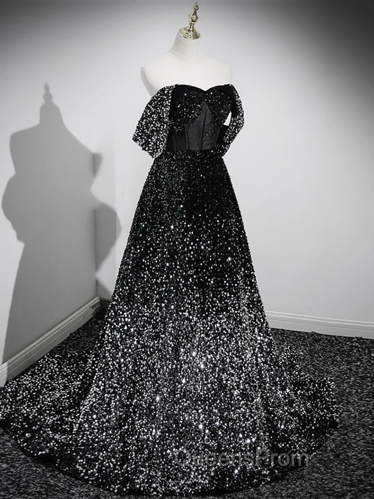 A-Line Velvet Sequin Long Black Evening Prom Dress, Black Long Evening Dress