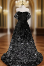 A-Line Velvet Sequin Long Black Evening Prom Dress, Black Long Evening Dress