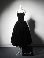 A-Line Velvet Tea Length Burgundy Evening Prom Dress, Burgundy Cocktail Dress
