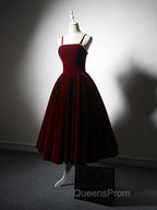 A-Line Velvet Tea Length Burgundy Evening Prom Dress, Burgundy Cocktail Dress