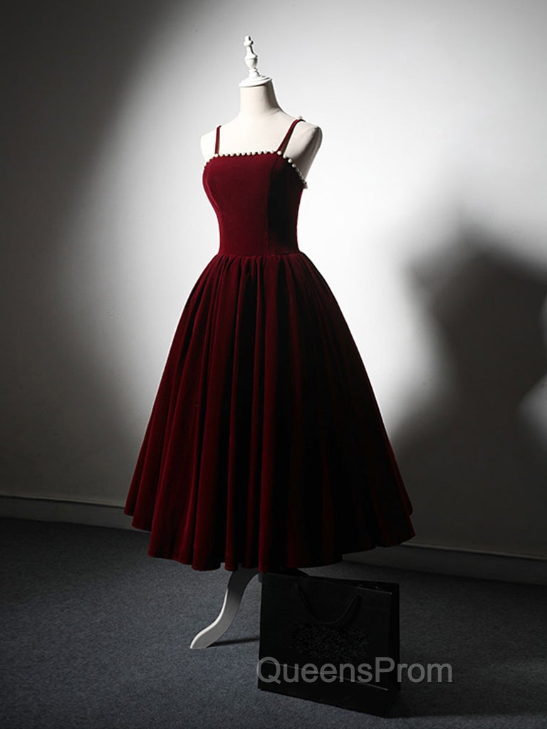 A-Line Velvet Tea Length Burgundy Evening Prom Dress, Burgundy Cocktail Dress