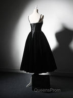 A-Line Velvet Tea Length Burgundy Evening Prom Dress, Burgundy Cocktail Dress