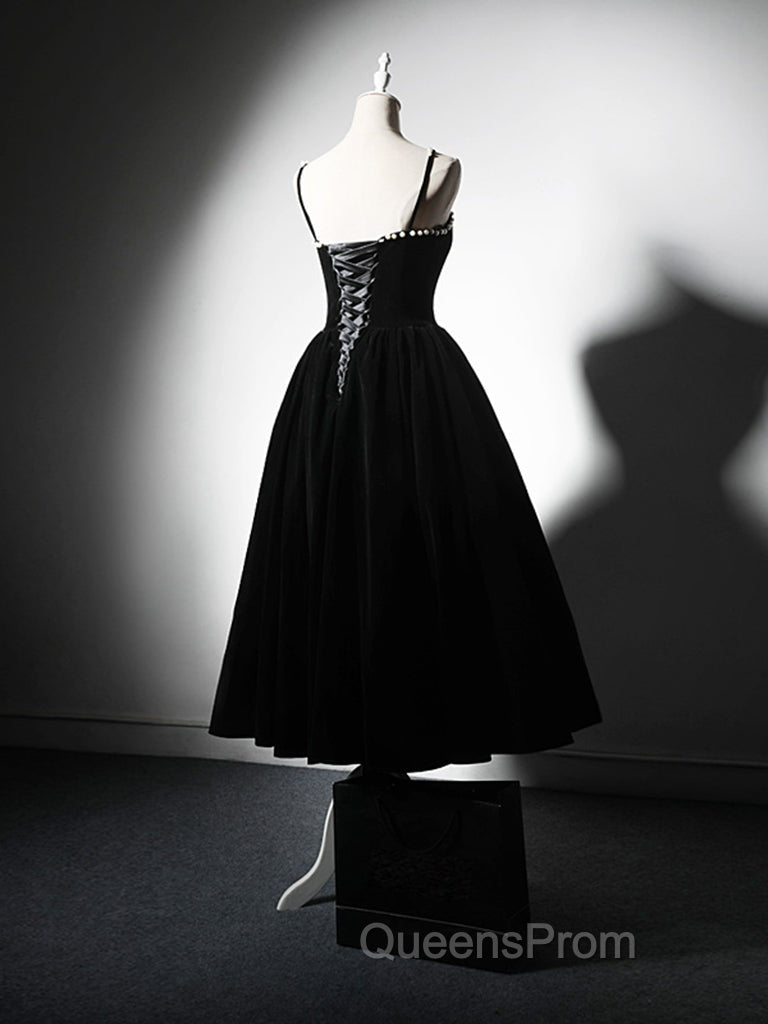 A-Line Velvet Tea Length Burgundy Evening Prom Dress, Burgundy Cocktail Dress