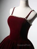 A-Line Velvet Tea Length Burgundy Evening Prom Dress, Burgundy Cocktail Dress