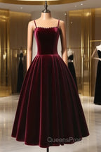 A-Line Velvet Tea Length Burgundy Evening Prom Dress, Burgundy Cocktail Dress