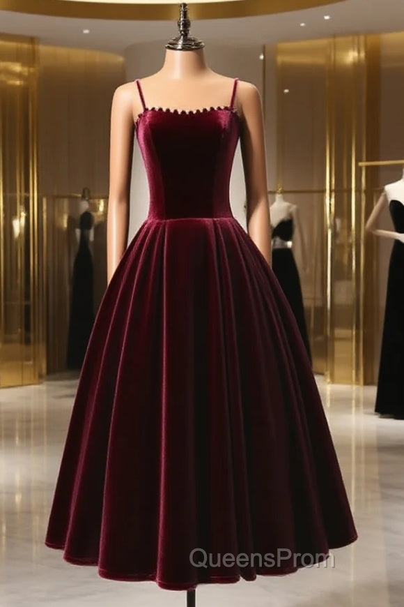 A-Line Velvet Tea Length Burgundy Evening Prom Dress, Burgundy Cocktail Dress