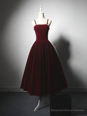 A-Line Velvet Tea Length Burgundy Prom Dress, Burgundy Cocktail Dress