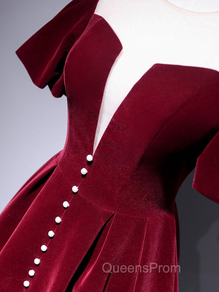 A line Velvet Tea Length Evening Prom Dress, Burgundy Velvet Bridesmaid Dress