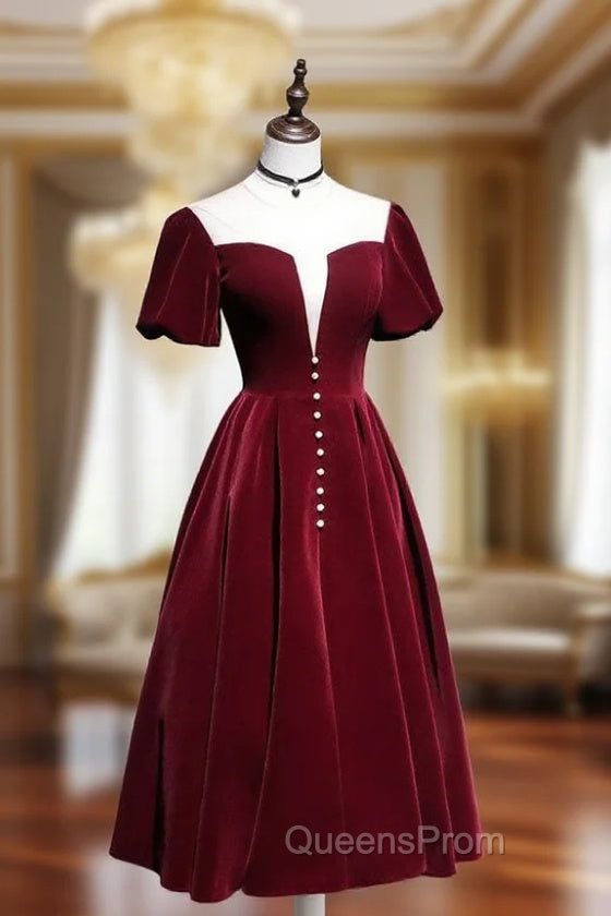 A line Velvet Tea Length Evening Prom Dress, Burgundy Velvet Bridesmaid Dress Main image