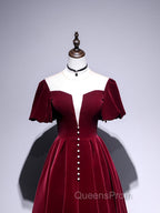 A line Velvet Tea Length Evening Prom Dress, Burgundy Velvet Bridesmaid Dress