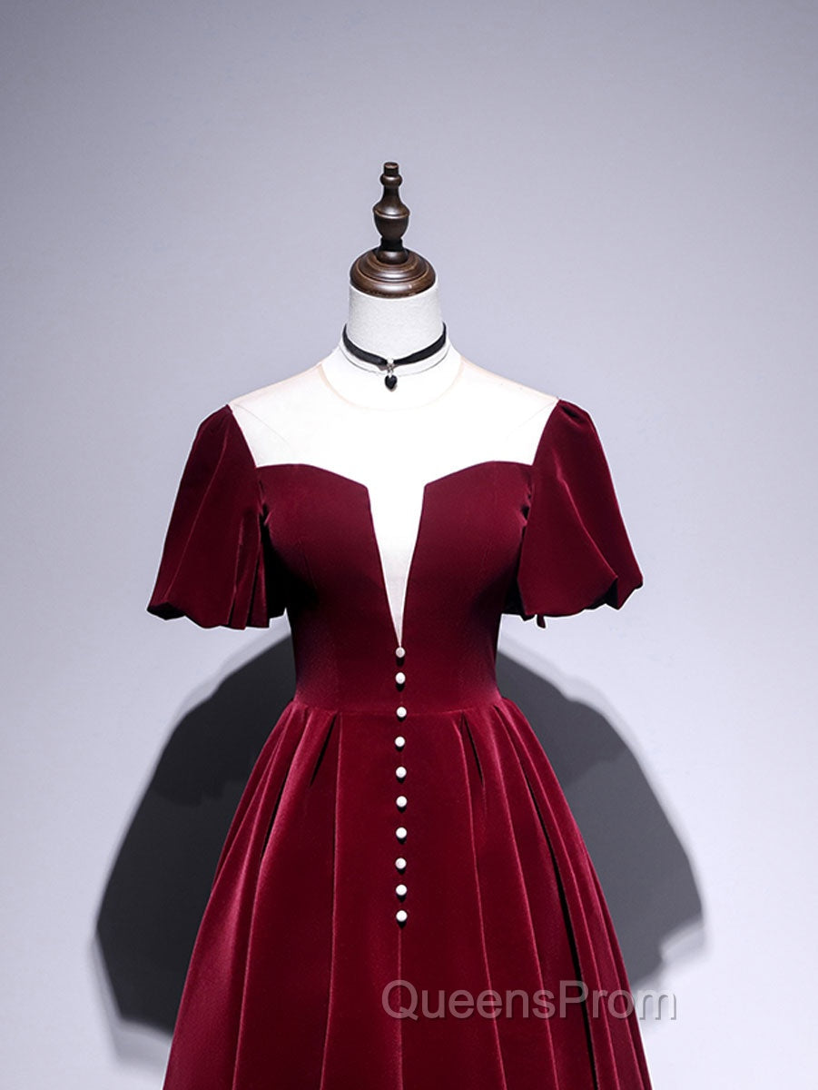 A line Velvet Tea Length Evening Prom Dress, Burgundy Velvet Bridesmaid Dress