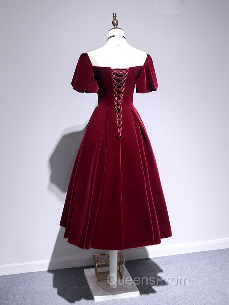 A line Velvet Tea Length Evening Prom Dress, Burgundy Velvet Bridesmaid Dress