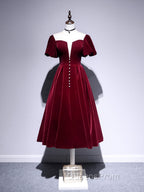 A line Velvet Tea Length Evening Prom Dress, Burgundy Velvet Bridesmaid Dress