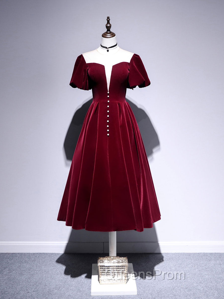 A line Velvet Tea Length Evening Prom Dress, Burgundy Velvet Bridesmaid Dress